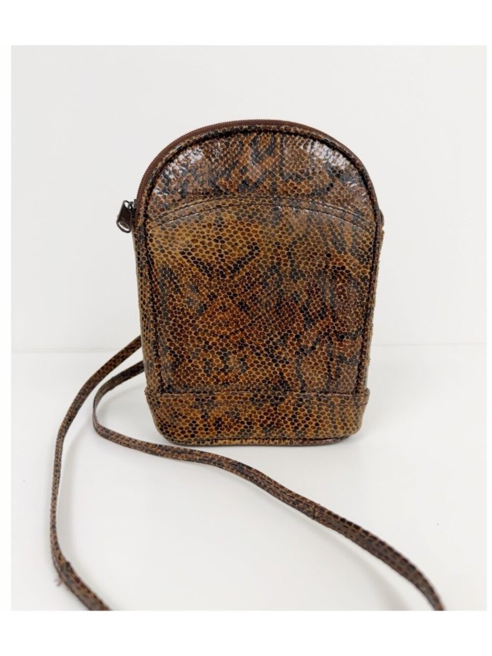 Nino Bossi Vintage Snake Print Leather Small Crossbody Purse Zipper Brown